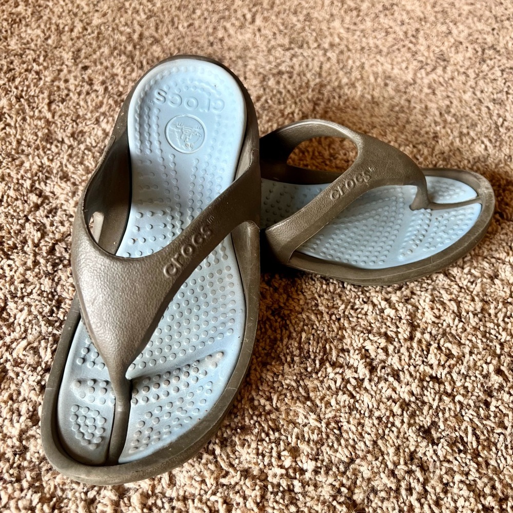 CROCS Sandals with Brown Straps and Blue Footbed